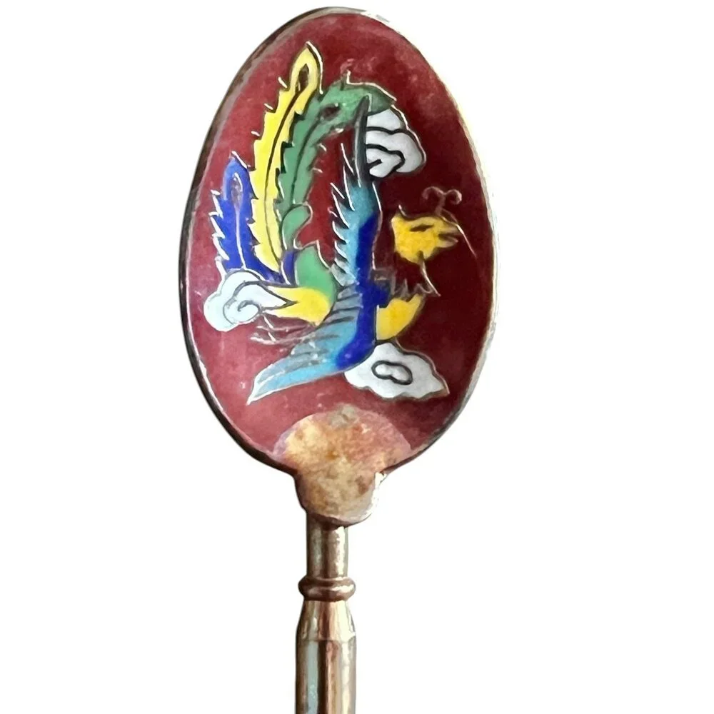 Vintage 1960s Cloisonné Enamel Decorative Spoons Set Of 5 Animal & Floral Design